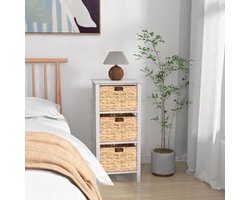 Nachtkastje – Bijzettafel – Opbergkastje – Woonkamerkast – Slaapkamermeubel – Set Van 2 – 4 Lagen Met 3 Zeegras Mandjes – Stevige Houten Constructie Met X-Vormige Steunen