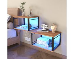 Nachtkastje - Bruin nachtkastje - 2-delige wandgemonteerde nachtkastjesset - Houten nachtkastje met lamp, zwevend ontwerp met 2 niveaus - Open nachtkastje geschikt voor slaapkamers, woonkamers en appartementen