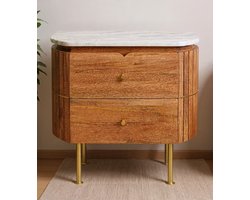 Nachtkastje Commode Grace 55 x 51 x 36 cm - Massief Mangohout met Marmeren Blad - Luxe Bijzetkast voor Slaapkamer Woonkamer Hal - Bruin - Yesdeals