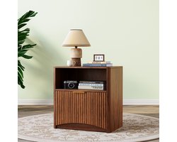 Nachtkastje - Compact - Modern met Verticale Lijnen - Open Lade en Gouden Grepen - Hout - Walnoot