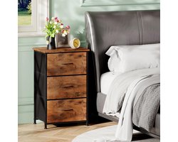 Nachtkastje, dressoir met 3 lades voor slaapkamer, nachtkastje, nachtkastje, bijzettafel met stoffen bakken voor slaapkamer, kinderkamer, kast, slaapzaal, woonkamer, houtnerf print