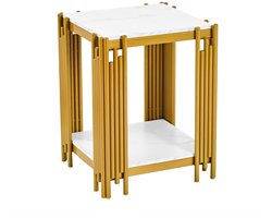 Nachtkastje Goud - Bijzettafel Marmerlook - 2 Planken - Metalen Frame - Glinsterend Effect - Slaapkamer En Woonkamer - 43x40x55 cm - Wit En Goud
