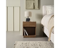 Nachtkastje Granada - Mangohout/Travertin - Walnoot/Beige - 45x55x35 cm (BxHxD) - Met Lade