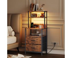 Nachtkastje hoog met 4 planken - vintage bruin - 2 stoffen laden - nachtkastje met led-lichtbalk - ShopVlot