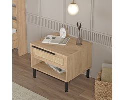 Nachtkastje Kvænangen 42,5x53,5x44,5 cm eikenkleurig rotan look en zwart [en.casa]