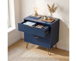 Nachtkastje - Ladekast met 3 lades - 60x40x70 cm - Houten opbergkast met metalen poten - Geribbeld design - Modern - Blauw en Goud