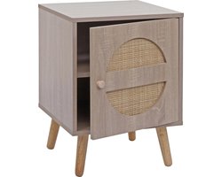Nachtkastje MCW-M35, salontafel bijzettafel, opbergvakken, Kubu rotan hout melamine, eiken-look 56x40x40cm