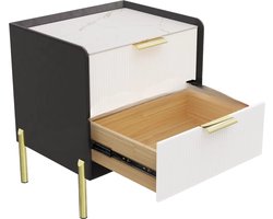 Nachtkastje met 2 Laden - Gouden Metalen Poot en Marmeren Tafelblad - Bijzettafel voor Sofa of Einde Tafel