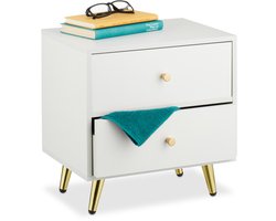 Nachtkastje met 2 lades - 41,5 x 40 x 32,5 cm - gouden poten - wit
