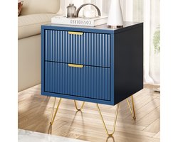Nachtkastje met 2 lades, Nachtkastjes Modern, Table de chevet, gouden poten,Nachtkastje met Lade, 40 x 35.5 x 50 cm, blauw