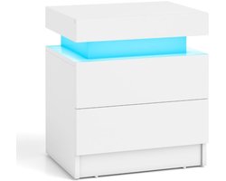 Nachtkastje met 20 kleuren LED-verlichting – 2 lades, marmeren textuur, wit bijzettafel voor de slaapkamer