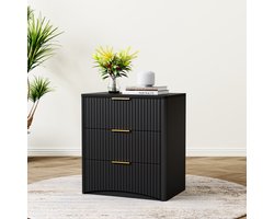 Nachtkastje - Met 3 Laden - Klassiek Kastje met Rillendesign en Metalen Grepen - Hout - Zwart