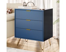 Nachtkastje met 3 lades, Nachtkastjes Modern, Table de chevet, gouden poten,Nachtkastje met Lade, 60 x 40 x 70 cm, blauw