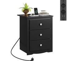 Nachtkastje met 3 lades, oplaadstation, USB-aansluitingen en stopcontacten, opbergmeubel voor slaapkamer, woonkamer, kantoor (1, zwart)