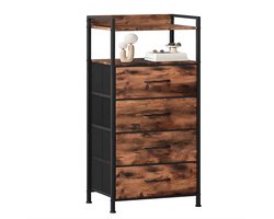Nachtkastje met 4 Opbergladen - Voor Slaapkamer & Woonkamer - Bijzettafeltje met Open Plank - Stof, Multifunctioneel - Bruin
