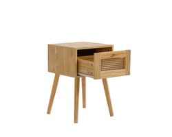 Nachtkastje met één lade, met rotan ladeblad, met goudkleurige metalen handgreep en lange houten poten, opbergruimte in de woonkamer en slaapkamer, PE rotan, naturel