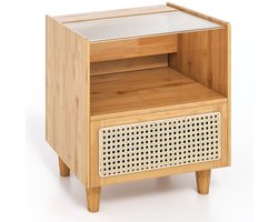 Nachtkastje met lade – Bamboe bijzettafel met glazen blad en massief houten poten – 43 x 35 x 50 cm, Bruin/Natuurlijk