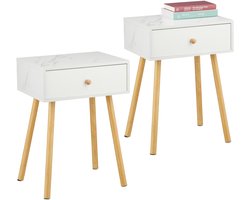 nachtkastje met lade - set van 2 - 55 x 40 x 32 cm - marmer look - wit-grijs