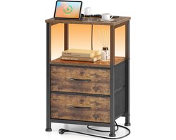 Nachtkastje met led en oplaadfunctie, bijzettafel met lade, nachtkastjes met 3 AC-aansluitingen en 2 USB-poorten, bijzettafels voor woonkamer, slaapkamer, vintage bruin