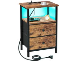 Nachtkastje met led verlichting, bijzettafel met oplaadstation, salontafel met 2 stoffen laden, nachtkastje van hout met open plank voor slaapkamer, woonkamer, Bruin
