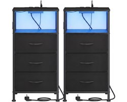 Nachtkastje met ledverlichting en oplaadstation - Nachtkastje met 3 lades en open vak - 30 x 39,6 x 75,9 cm - Zwart