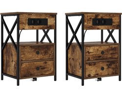 Nachtkastje met Oplaadstation met lade Set van 2 | Nachtkast | Lamptafel | Bedside kasten Gerookt eiken