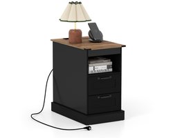Nachtkastje met Oplaadstation Smal Bijzettafeltje met Open Opbergvak en 2 Lades-Zwart