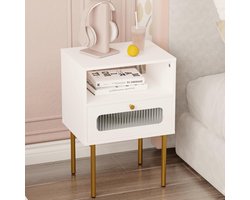 Nachtkastje met prismaglazen front, modern design voor slaapkamer, logeerkamer, gouden metalen poten (wit, 1 lade)