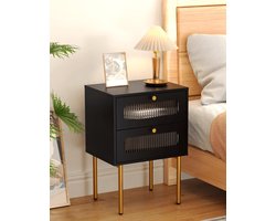Nachtkastje met prismaglazen front, modern design voor slaapkamer, logeerkamer, gouden metalen poten (zwart, 2 laden)