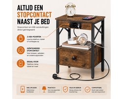 Nachtkastje met Stopcontact en USB – Industrieel Bijzettafeltje met Lade – Oplaadstation voor Telefoon en Lamp