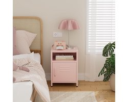 Nachtkastje Metaal - Bijzetkastje Sidetable - Opbergen Slaapkamer - Afsluitbare Deur - 40x40x55cm - Roze