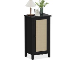 Nachtkastje-Moderne bijzettafel in landelijke stijl-Deur en lade van rotan, compacte opbergruimte - Houten poten- Woonkamer/slaapkamer/kantoor -Zwart