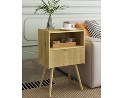 Nachtkastje, moderne bijzettafel met lade en open houten plank, voor woonkamer, slaapkamer en kleine ruimtes, accent nachtkastje met massief houten poten, eenvoudige montage, geel eikenkleur