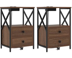 Nachtkastje | Nachtkast | Lamptafel | Bedside kasten met Oplaadstation bruin eikenkleur Bewerkt hout