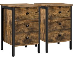 Nachtkastje nachtkastje nachtkastje voor boxspringbed, nachtkastje bijzettafel sofafel met 3 laden, 60 cm hoog, vintage bruin-zwart