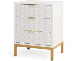 Nachtkastje - Nachtkastjes - Kastje - Luxe en Moderne Uitstraling - Honingraat - 3 Lades - Wit & Goud - 50 x 35 x 65.5 cm