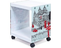 Nachtkastje op wielen London Cube van glas en MDF in wit laqué - Modern en praktisch - 38 x 33 x 46 cm