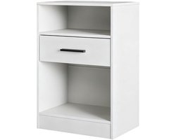 Nachtkastje, opbergkast, bijzetkast, bijzettafel met 2 open opbergvakken en 1 lade, modern en eenvoudig design, stevig en duurzaam metalen frame, geschikt voor slaapkamer, woonkamer en andere ruimtes, 40×30×60 cm, wit.