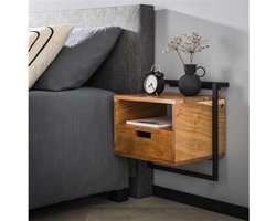 Nachtkastje Open Air Solid Massief Acaciahout met Open Vak en Lade - Hangend Design voor Moderne Slaapkamers - 44x35x45 cm - Zwevend nachtkastje