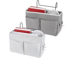 Nachtkastje organizer - Bedside Storage Organiser van Canvas en Ijzer - Handige Bedzak - voor Hoogslaper en Stapelbed - Hangende Opbergtas met U-vormige Haak - Compacte Bureau Organiser - met Mesh Zijvakken - voor Tijdschriften en Telefoon - Grijs