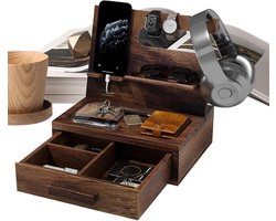 Nachtkastje Organizer - Houten Telefoon Dock - Spullen Opbergen - Met Lade - 7.2 x 19.9 cm - Houtkleur