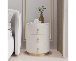 Nachtkastje Rond met 3 Laden Fluweel Wit en Stenen Top Luxe Bijzettafel voor Slaapkamer – Yesdeals