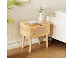 Nachtkastje, rotan nachtkastje, eenvoudig design, grote opbergruimte, poten van massief hout, geschikt voor slaapkamer, woonkamer, klein en exquise (60 x 30 x 40 cm)