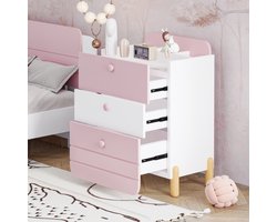 Nachtkastje, Roze , met 3 Laden en Legplanken, Geruisloos lade-ontwerp, Houtkleurige poten, Opbergruimte