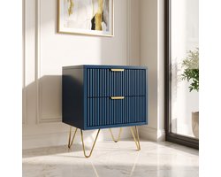 Nachtkastje, Salontafel met 2 Lades, met Gouden Metalen Handgrepen en Poten, voor Woonkamer, Slaapkamer, Bank (Marineblauw)