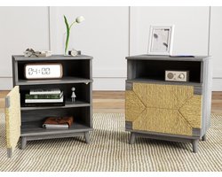 Nachtkastje Set 2-delig Boho Mid-Century 48x35x58 cm grijs - Push-to-Open Deur - Greeploos Design - Handgeflochten Papieren Touw - Verstelbare Legplank - Open Vak - Stabiele Constructie
