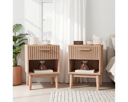 Nachtkastje - Set van 2 - 40 x 35 x 55cm - Scandinavisch Design - Houtlook met Geribbelde Lade - Massief Houten Poten