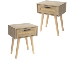 Nachtkastje set van 2 40x50,5x30 cm eiken bijzettafel met rotan front & massief houten poten ML design