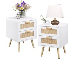 Nachtkastje Set van 2 - Bijzettafel met 2 Handgemaakte Rotan Lades, Houten Nachtkastjes met Opbergruimte voor Slaapkamer, Wit