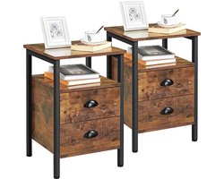 Nachtkastje set van 2, bijzettafel met laden, nachtkastje met plank, nachtcommode, metalen frame, stabiel, gemakkelijk te monteren, voor woonkamer, slaapkamer, vintage